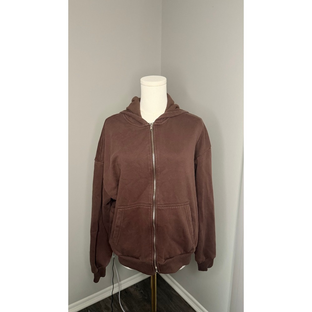 Faded Rose Essentials Brown Zip Up Hoodie Womens Small Oversized Fleece Lined